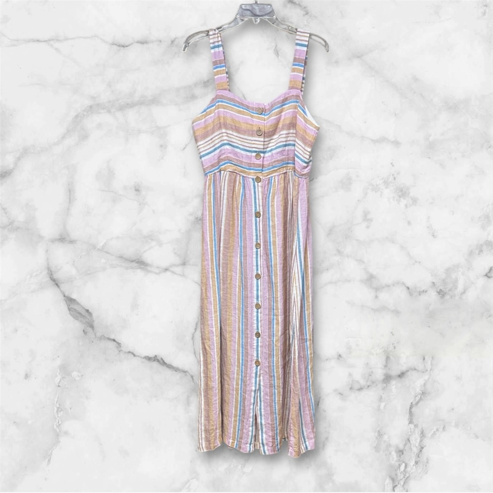 C&C California Striped 100% Linen Button Front Maxi Dress pastel Multicolor L